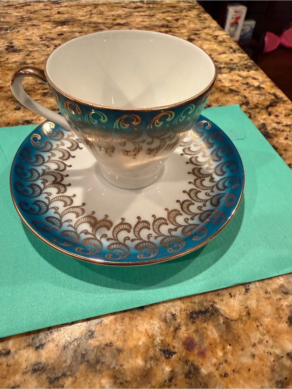 Vintage Porcelain Teacup and Saucer Set in Teal with Gold Trim